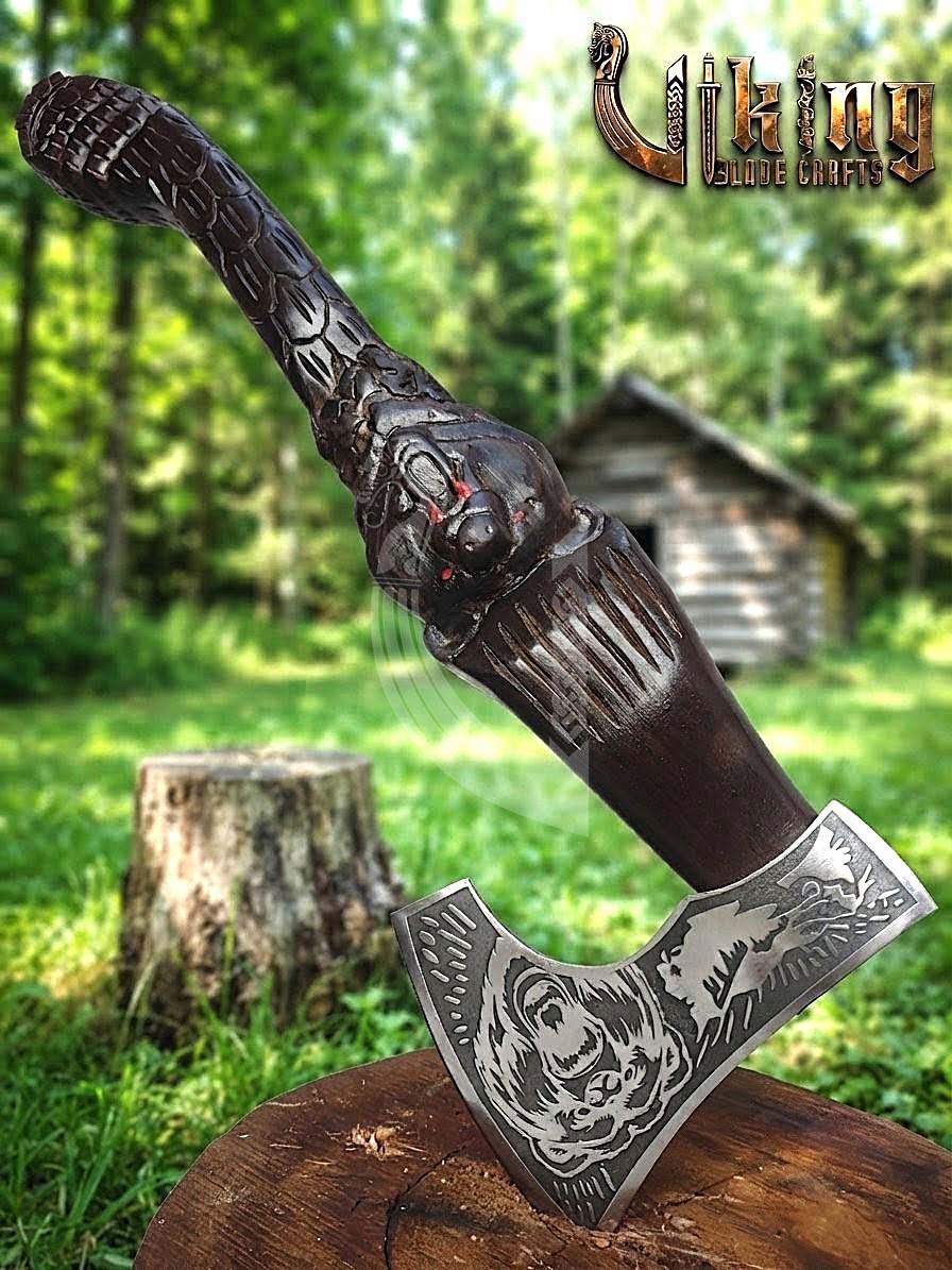 Bjorn Bear Viking Axe | Hand Carved Handle | Forged Steel