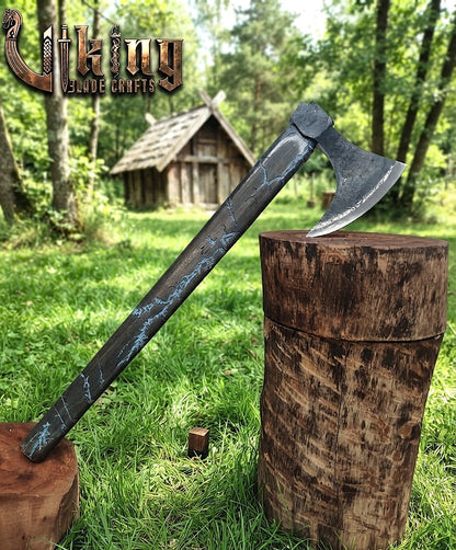 Ragnar-Inspired Viking Axe | Blue Engraved Ashwood Handle