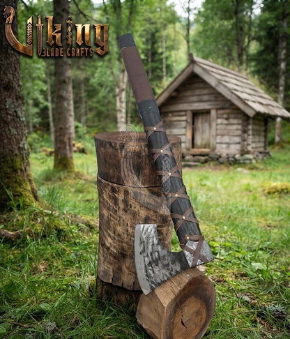 True Hand-Forged Viking Bearded Axe 30" | Leather-Wrapped Corrugated Skeggøx