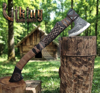 Hand-Forged Viking Bearded Axe 30" | Norse Knotwork Carved Curved Ashwood