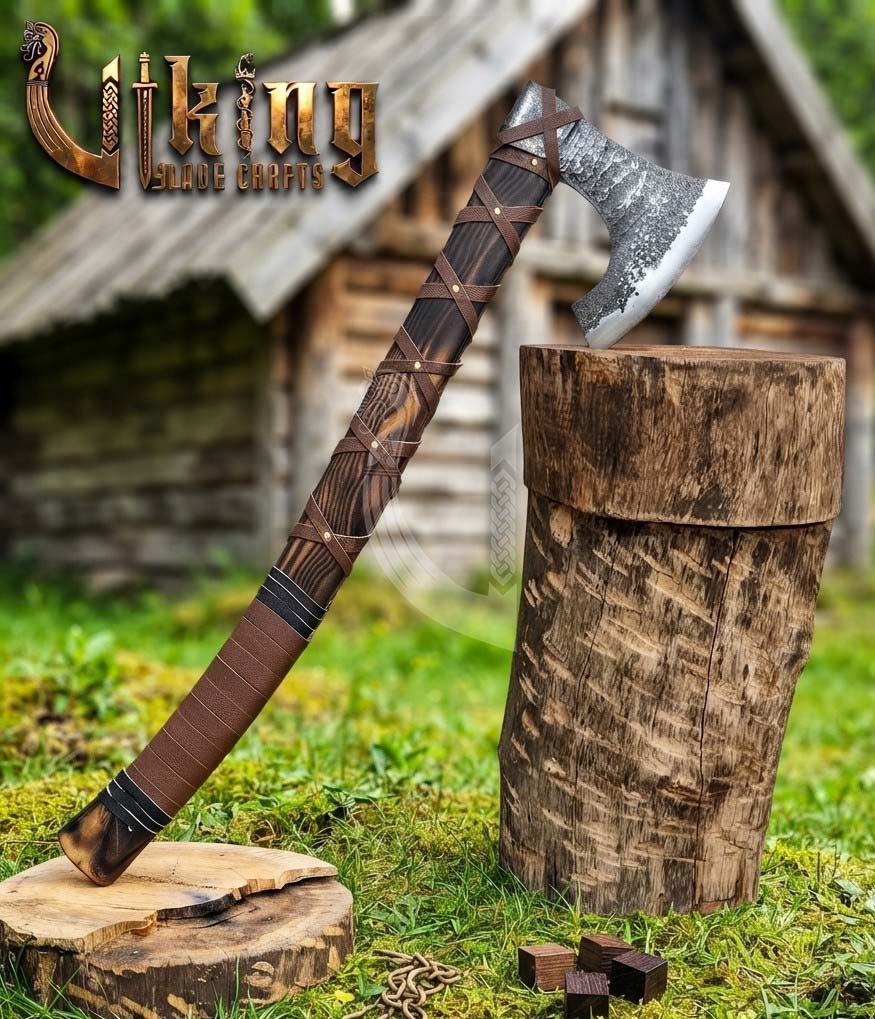 True Hand-Forged Viking Bearded Axe 30" | Leather-Wrapped Fanned Skeggøx