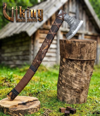 True Hand-Forged Viking Bearded Axe 30" | Leather-Wrapped Fanned Skeggøx