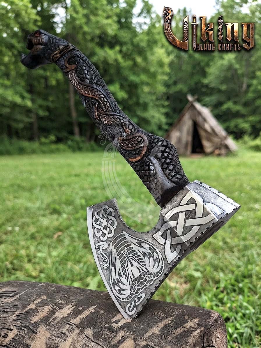 Hand-Forged Norse Serpent Carved Rosewood Axe 23" | Serpent Etched
