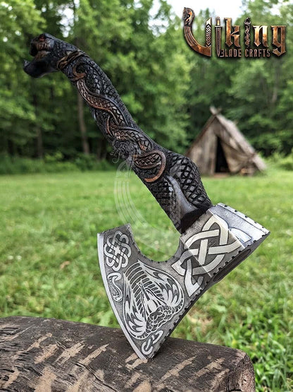 Hand-Forged Norse Serpent Carved Rosewood Axe 23" | Serpent Etched