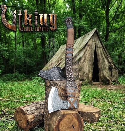 Ringerike-Style Viking Bearded Axe 30" | Curved Carved Haft & Flat Poll