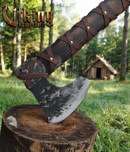 True Hand-Forged Viking Bearded Axe 30" | Leather-Wrapped Curved Skeggøx