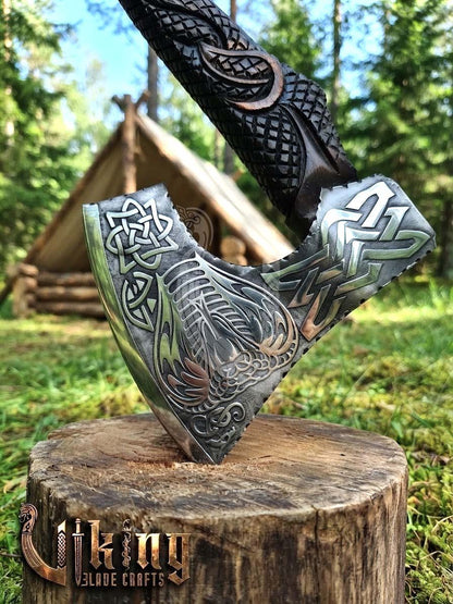 The Wyrm’s Fang 23" Hand-Forged Norse Carved Serpent Rosewood Axe