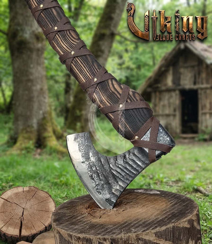 True Hand-Forged Viking Bearded Axe 30" | Leather-Wrapped Fanned Skeggøx