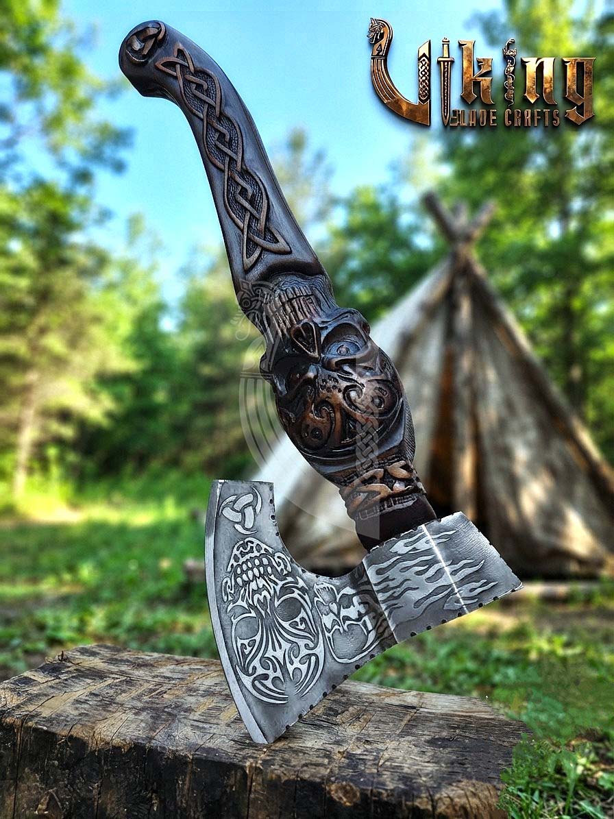 The Garmr’s Howl 23" Hand-Forged Skull Carved Rosewood Axe