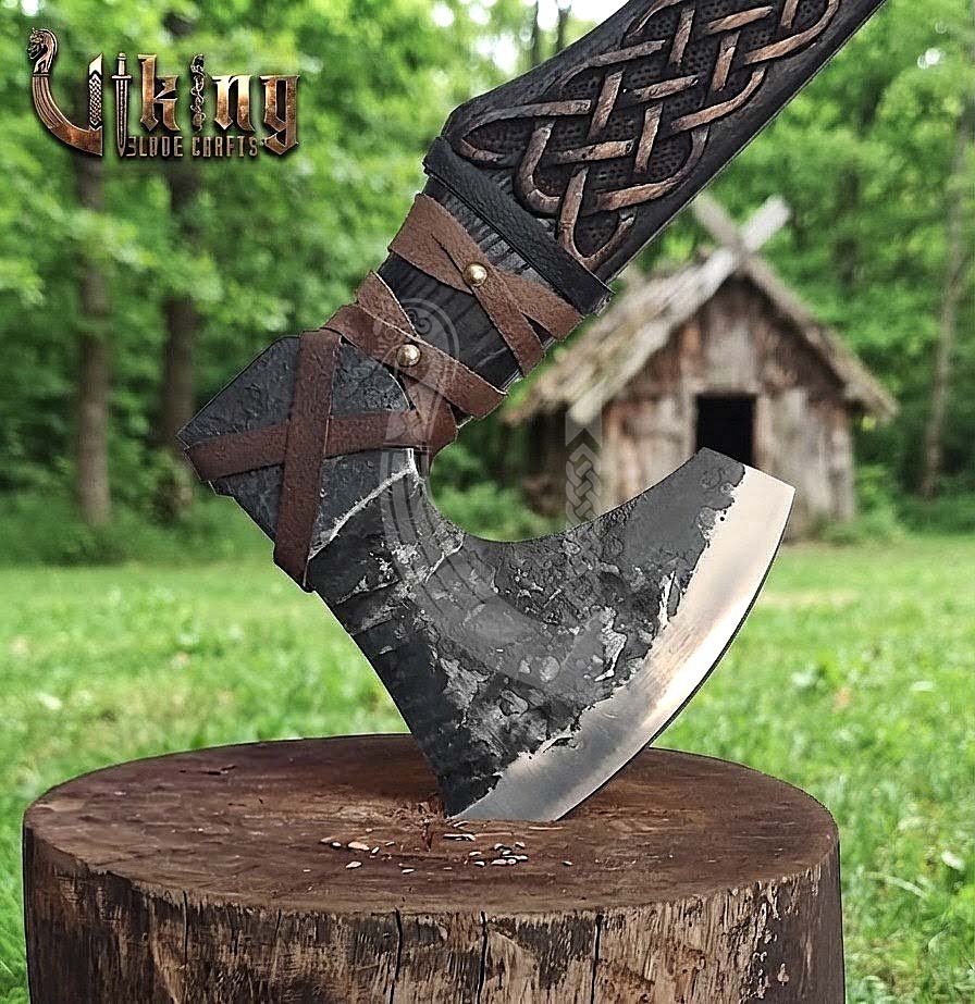 Hand-Forged Viking Bearded Axe 30" | Urnes-Style Knotwork Carved Ashwood
