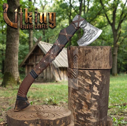 True Hand-Forged Viking Bearded Axe 30" | Leather-Wrapped Recurve Skeggøx