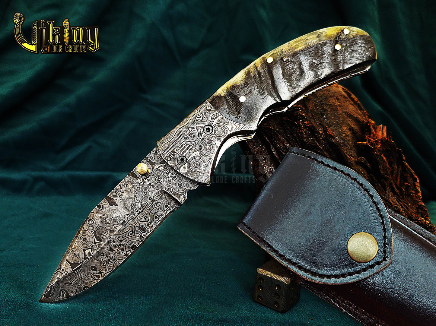 Custom Hand-Forged Handmade Damascus Folding Knife | Raindrop Pattern | Ram Horn Handle