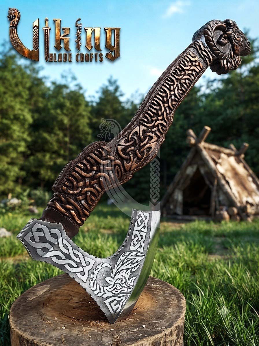 Hand-Forged 23" Norse Goat Carved Rosewood Axe | Goat Etched