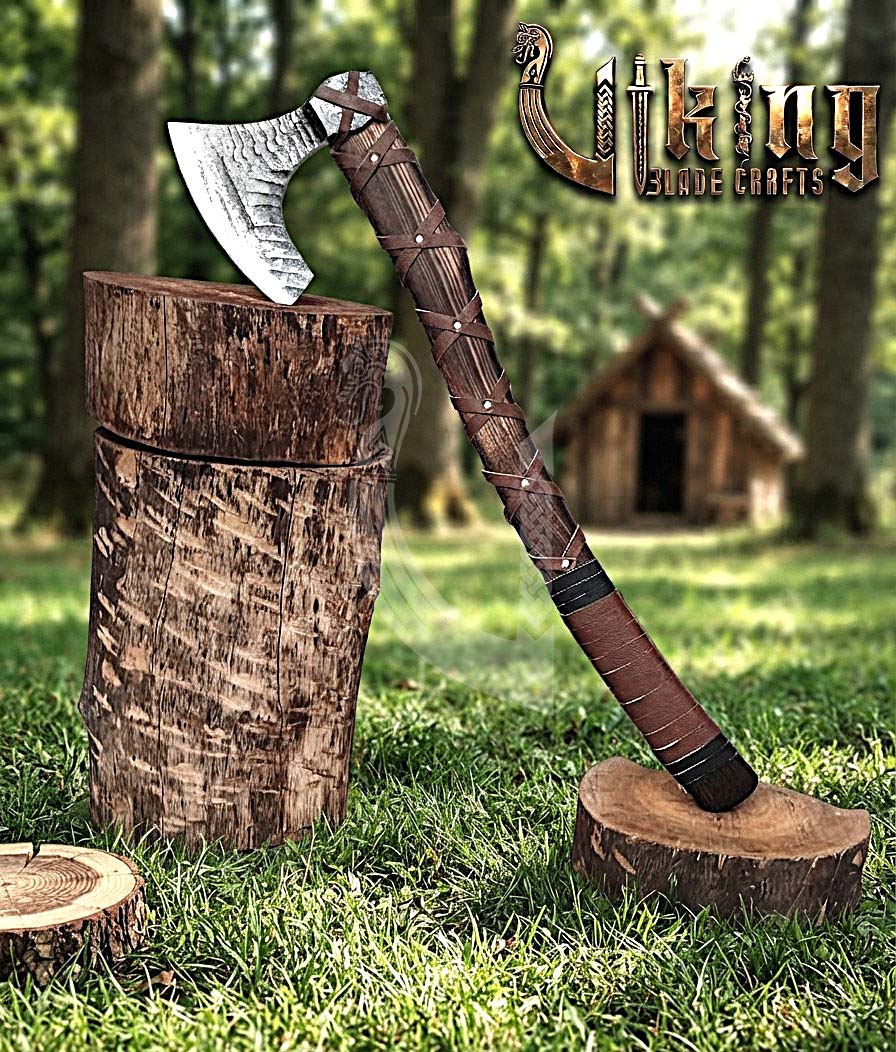 True Hand-Forged Viking Bearded Axe 30" | Leather-Wrapped Upswept Skeggøx