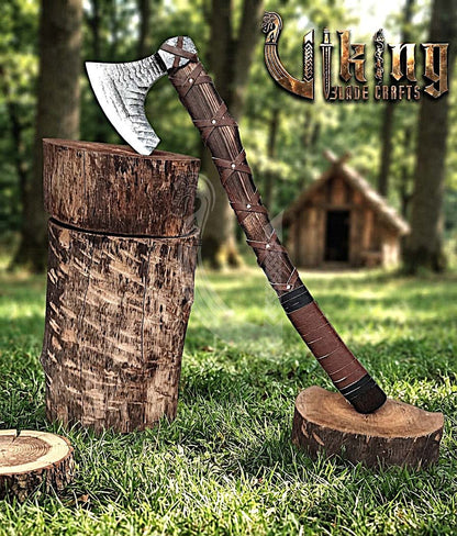 True Hand-Forged Viking Bearded Axe 30" | Leather-Wrapped Upswept Skeggøx