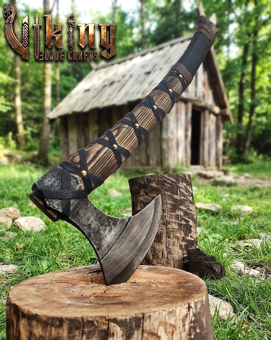 Ragnar-Inspired Damascus Viking Axe | Curved Ashwood Leather-Wrapped