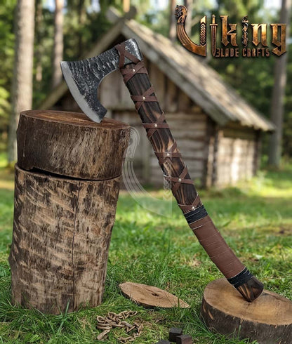 True Hand-Forged Viking Bearded Axe 30" | Leather-Wrapped Fanned Skeggøx