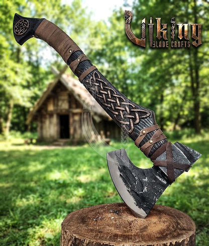 Hand-Forged Viking Bearded Axe 30" | Norse Knotwork Carved Curved Ashwood