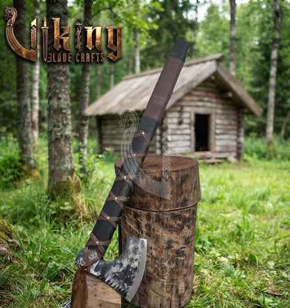True Hand-Forged Viking Bearded Axe 30" | Leather-Wrapped Corrugated Skeggøx