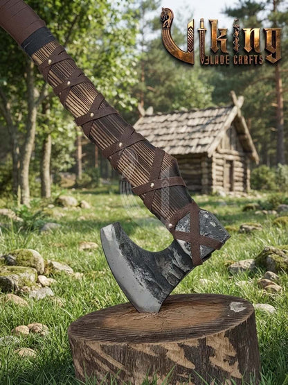 True Hand-Forged Viking Bearded Axe 30" | Leather-Wrapped Hammer-Peened Skeggøx