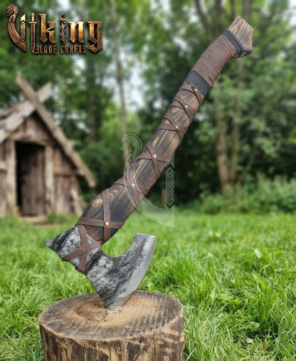 True Hand-Forged Viking Bearded Axe 30" | Leather-Wrapped Sculpted Skeggøx