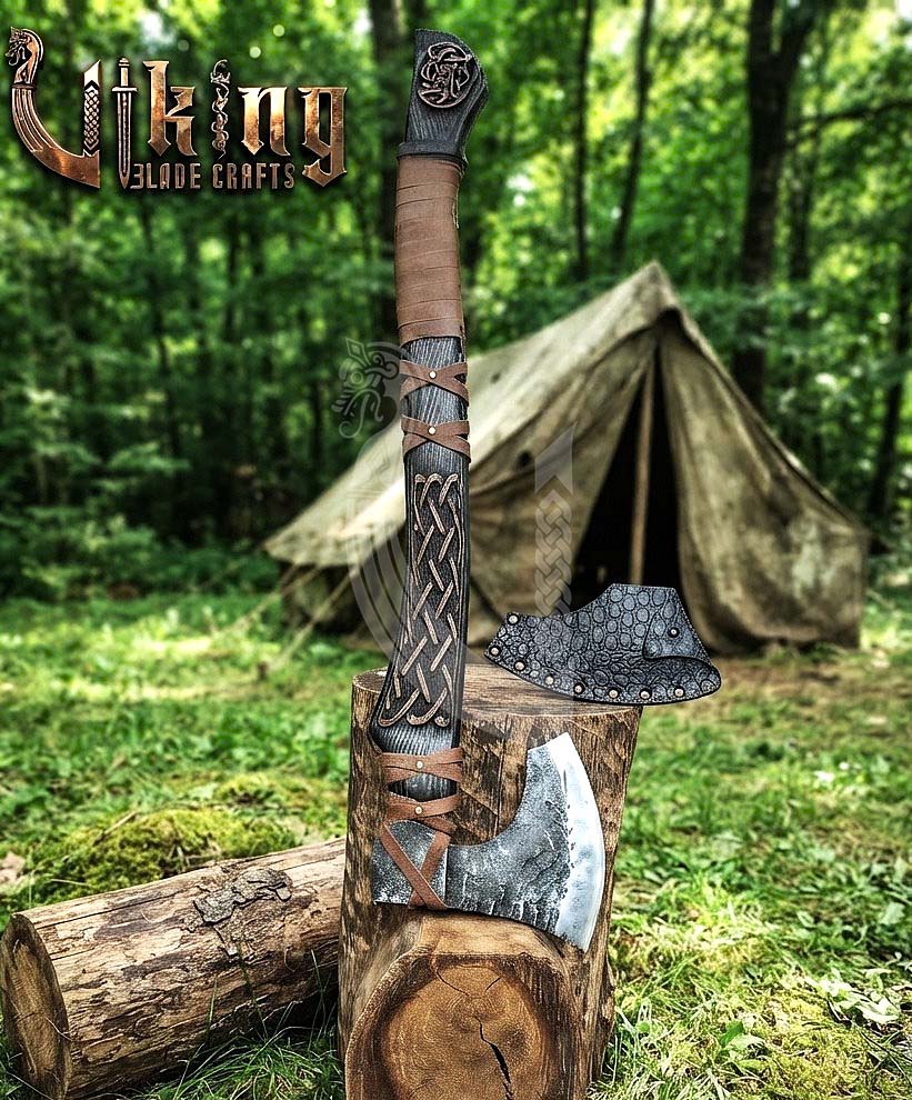 Ringerike-Style Viking Bearded Axe 30" | Curved Carved Haft & Flat Poll