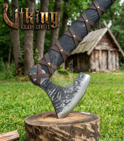 True Hand-Forged Viking Bearded Axe 30" | Leather-Wrapped Broad-Beard Skeggøx