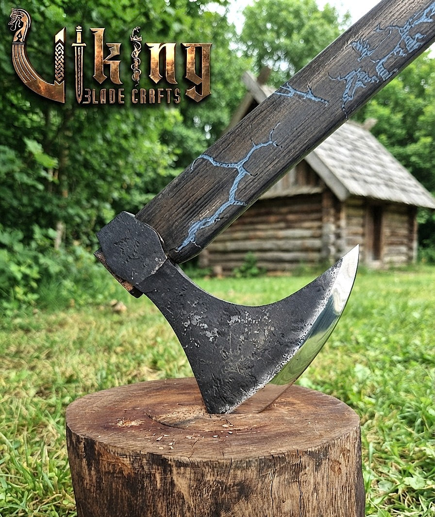 Ragnar-Inspired Viking Axe | Blue Engraved Ashwood Handle