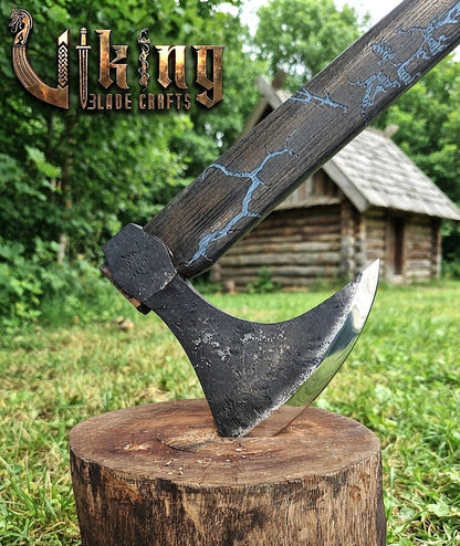 Ragnar-Inspired Viking Axe | Blue Engraved Ashwood Handle