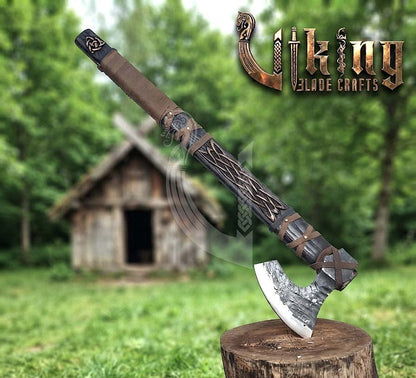Ragnar-Inspired Viking Axe | Hand-Forged Knotwork Carved Ashwood