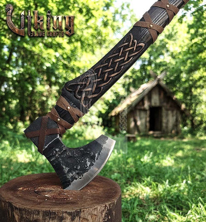 Hand-Forged Viking Bearded Axe 30" | Urnes-Style Knotwork Carved Ashwood