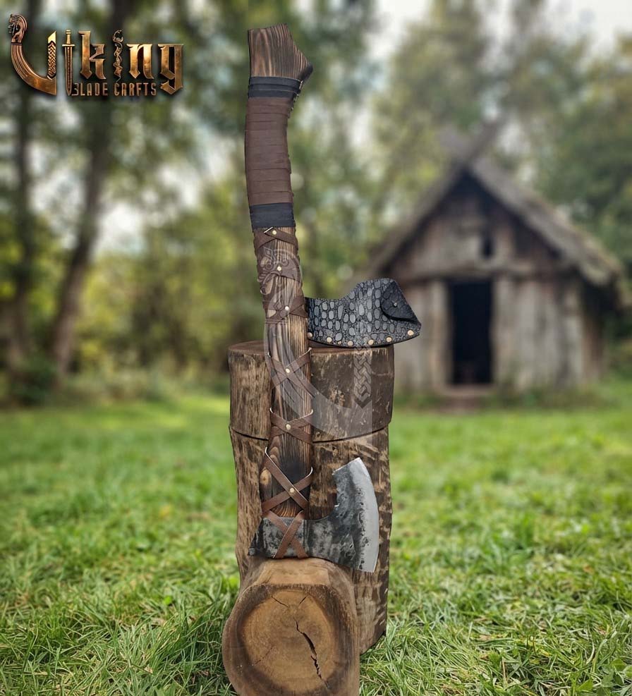 True Hand-Forged Viking Bearded Axe 30" | Leather-Wrapped Sculpted Skeggøx