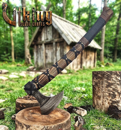 Ragnar-Inspired Damascus Viking Axe | Curved Ashwood Leather-Wrapped