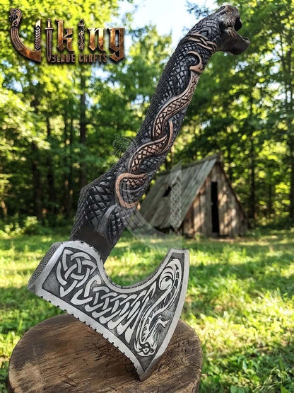 The Jormungandr Wrath 23" Hand-Forged Norse Serpent Carved Rosewood Axe
