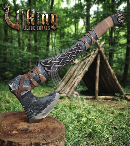 Ringerike-Style Viking Bearded Axe 30" | Curved Carved Haft & Flat Poll