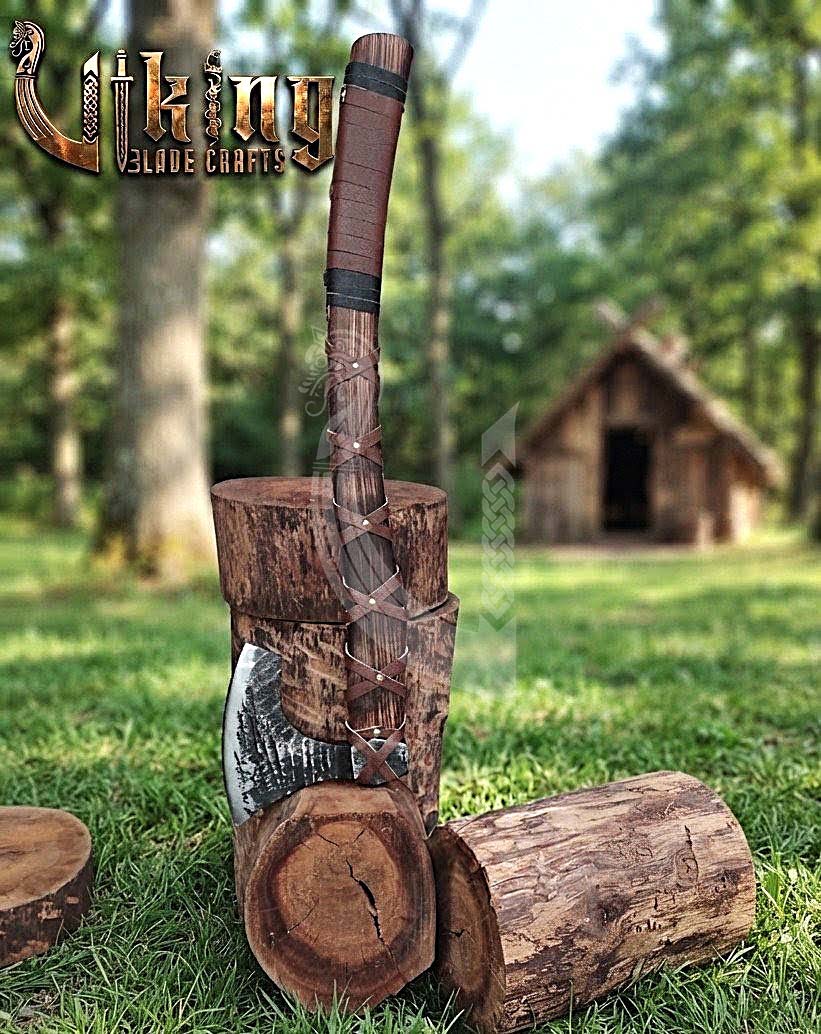 True Hand-Forged Viking Bearded Axe 30" | Leather-Wrapped Upswept Skeggøx