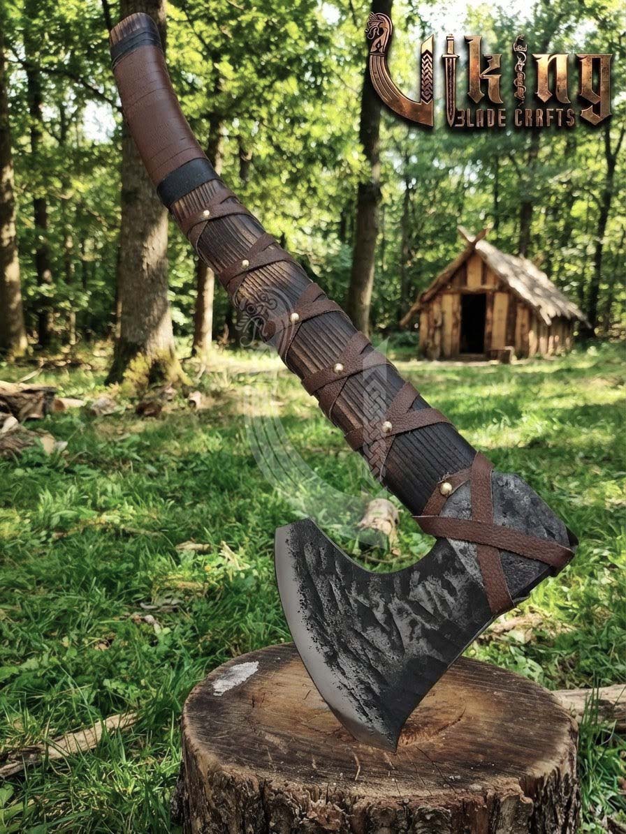 True Hand-Forged Viking Bearded Axe 30" | Leather-Wrapped Curved Skeggøx