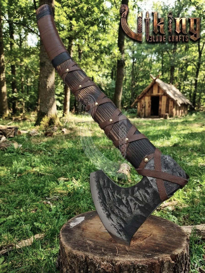 True Hand-Forged Viking Bearded Axe 30" | Leather-Wrapped Curved Skeggøx