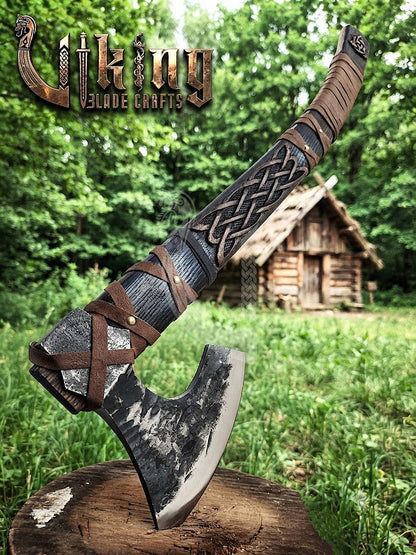 Mammen-Style Viking Axe 30" | Hand-Forged Bearded Axe with Carved Ashwood
