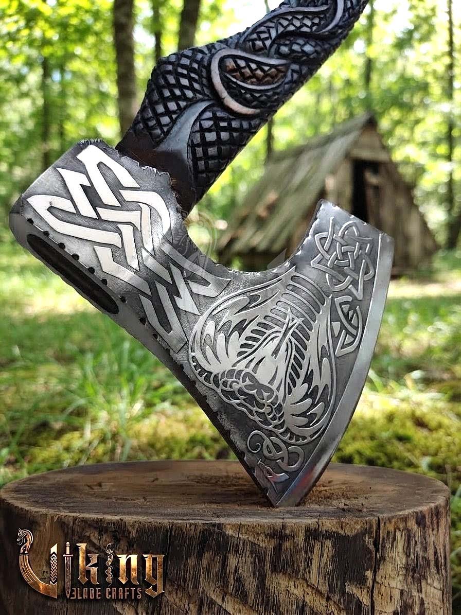The Wyrm’s Fang 23" Hand-Forged Norse Carved Serpent Rosewood Axe