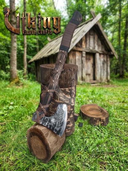 True Hand-Forged Viking Bearded Axe 30" | Leather-Wrapped Ergonomic Skeggøx