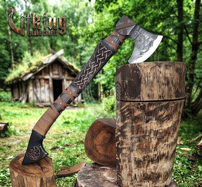 Hand-Forged Viking Bearded Axe 30" | Urnes-Style Knotwork Carved Ashwood