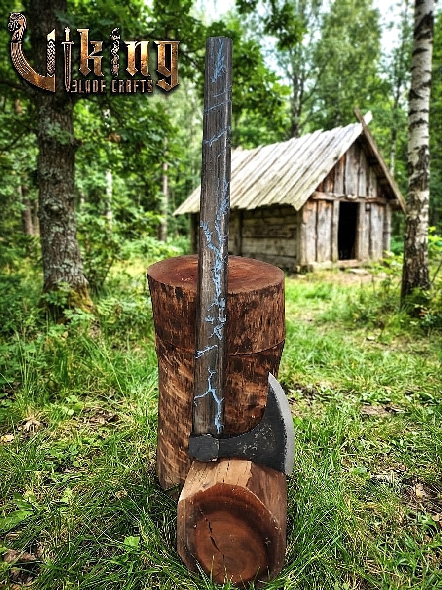 Ragnar-Inspired Viking Axe | Blue Engraved Ashwood Handle
