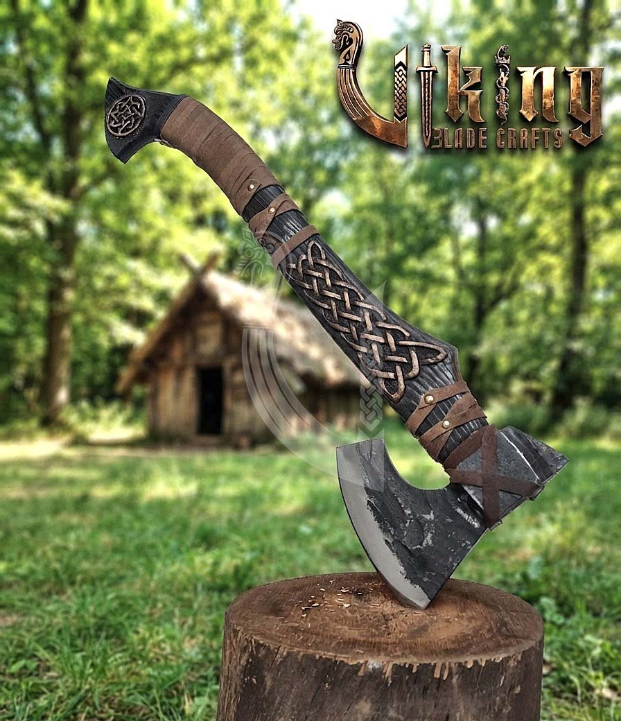 Hand-Forged Viking Bearded Axe 30" | Norse Knotwork Carved Curved Ashwood
