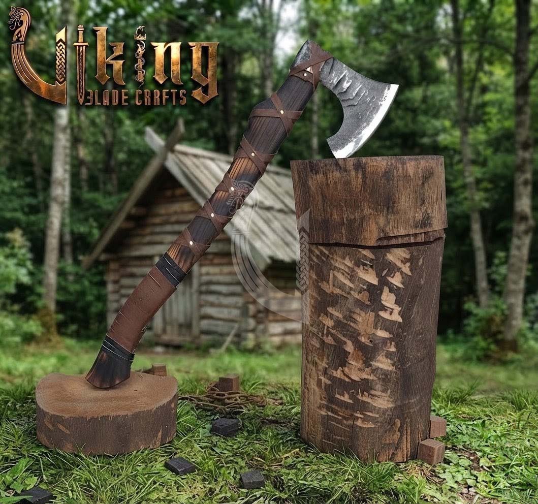 True Hand-Forged Viking Bearded Axe 30" | Leather-Wrapped S-Curve Skeggøx