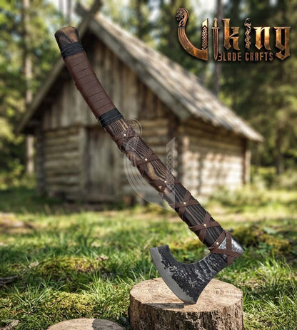 True Hand-Forged Viking Bearded Axe 30" | Leather-Wrapped Fanned Skeggøx