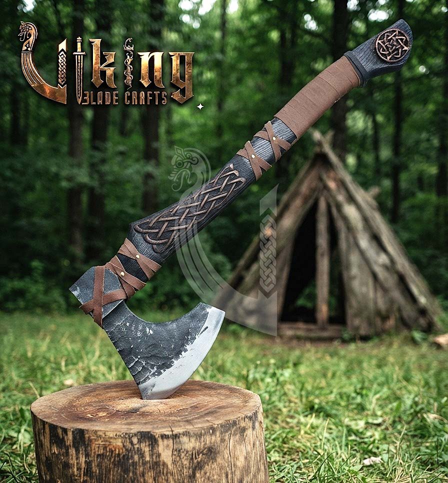 Ringerike-Style Viking Bearded Axe 30" | Curved Carved Haft & Flat Poll