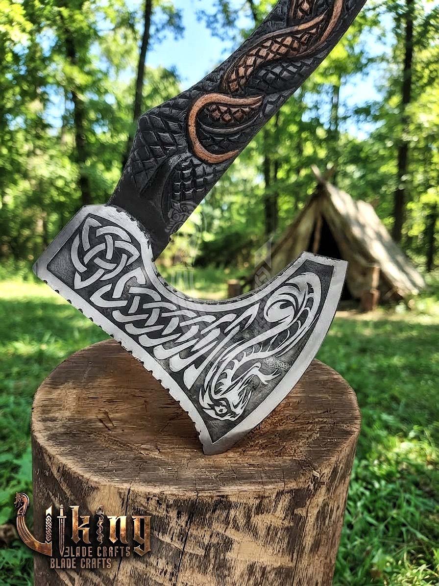 The Jormungandr Wrath 23" Hand-Forged Norse Serpent Carved Rosewood Axe