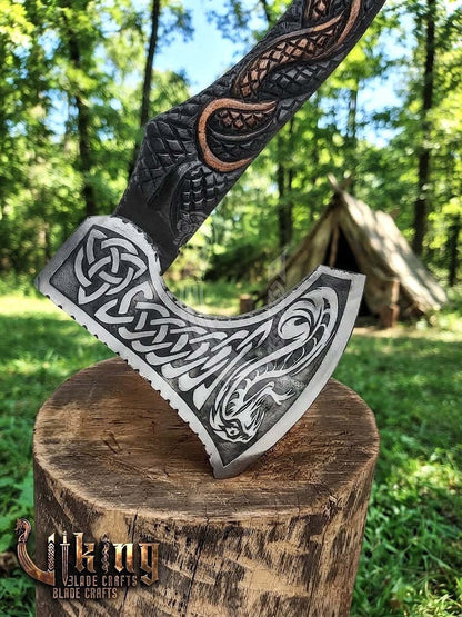 The Jormungandr Wrath 23" Hand-Forged Norse Serpent Carved Rosewood Axe