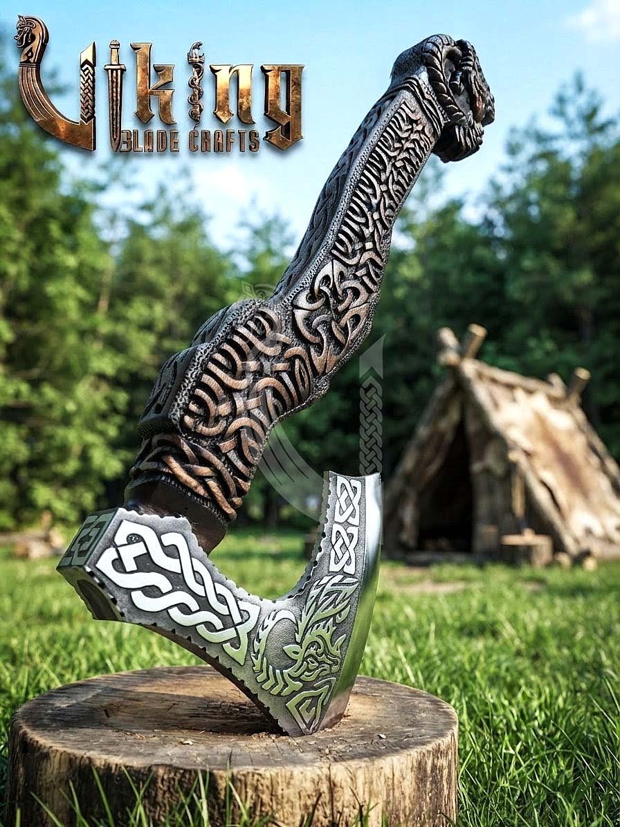 Hand-Forged 23" Norse Goat Carved Rosewood Axe | Goat Etched